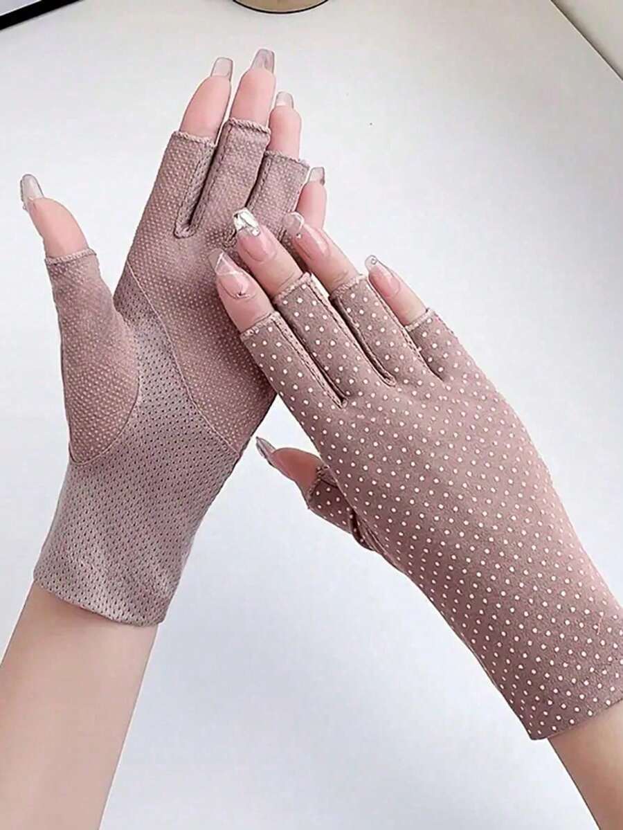 1 双防晒手套，女士夏季露指半指防紫外线薄款短款驾驶手套 - 彩色 - 查看 1