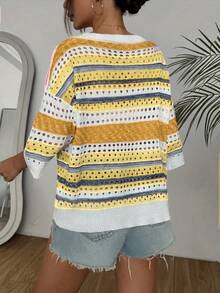 Plus Size Women Striped Drop Shoulder Hollow Loose V-Neck Sweater, Suitable For Summer, Beach, Party Wear Spring - Yellow - View 6