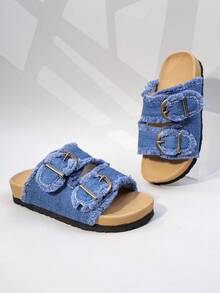 Girls' Denim Double Buckle Slide Sandals, Casual Open Toe Soft Sole Summer Children Shoes - Blue - View 1