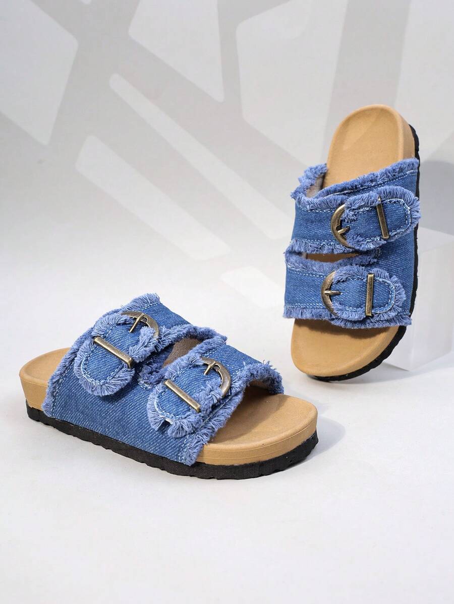 Girls' Denim Double Buckle Slide Sandals, Casual Open Toe Soft Sole Summer Children Shoes - Blue - View 1