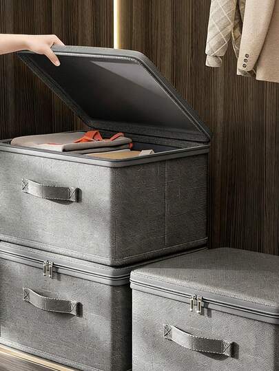 1个可折叠收纳盒，带拉链和提手，灰色，涤纶麻材质，方形带盖，结实耐用，多用途，可收纳衣物、玩具和其他物品，也适用于室内装饰、卧室整理、牛仔裤收纳。