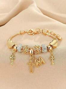 1pc 26 Letter, Heart, Cross, Flower Beaded Bracelet, Fashionable Youth Keychain, Cross Pendant Bracelet - Multicolor - View 16