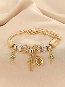 1pc 26 Letter, Heart, Cross, Flower Beaded Bracelet, Fashionable Youth Keychain, Cross Pendant Bracelet - Multicolor - View 45