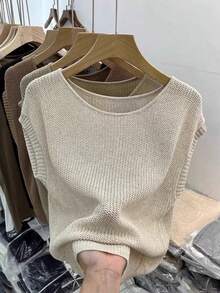 Áo dệt kim không tay cổ tròn cổ điển dành cho nữ, áo tank top dệt kim gân dài vừa phải mùa hè, thoải mái để mặc hàng ngày. - Màu be - Xem 4
