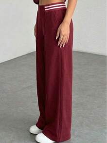 Women's Knitted Sweatpants With Waist Detail And Pockets, Wide Leg - Burgundy - View 2