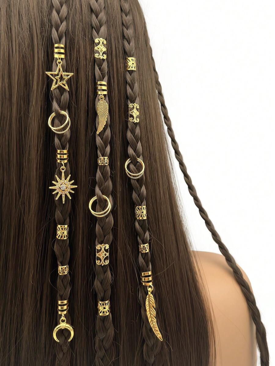 45pcs Shiny Sun & Feather Decorated Diamond Embellished Hair Scrunchies - Sparkling Adjustable Alloy Hair Clips, Bohemian Style Hair Accessories For Men & Women,Summer,Holiday,Travel - Gold - View 1