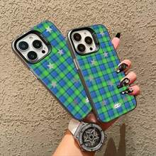 Fashionable Blue-Green Plaid Star Pattern Luxury Gradient Black-Silver Silicone Soft Edge Acrylic Hard Back Thick PC Metal Button Protective Phone Case Compatible With IPhone/ - Black - View 5