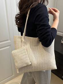Fashionable Straw Woven Tote Bag, Casual Large Capacity Shoulder Bag For Women, Spring/Summer - Beige - View 2