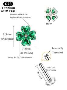 1PC ASTM F136 Titanium Internally Threaded Flat Back Earrings Heart CZ Four Petal Flower Cubic Zirconia Studs, G23 Titanium Tragus Cartilage Conch Helix Nose Labret Lip Piercing Jewelry For Sensitive Ears Women Men - 1Pc-titanium - View 3
