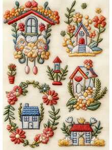 卡通小屋水溶性刺绣稳定贴纸，预印植物图案，服装刺绣转印贴纸 - A - 查看 12