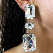 1 Pair Women's Geometric Crystal Earrings, Suitable For Daily Wear - Silver - View 1