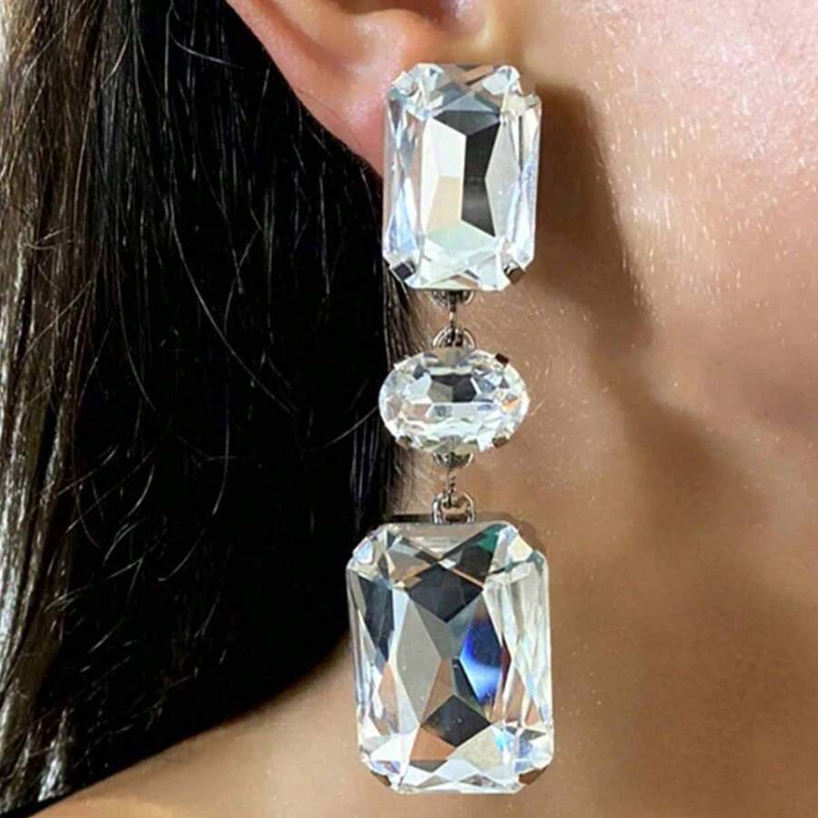 1 Pair Women's Geometric Crystal Earrings, Suitable For Daily Wear - Silver - View 1