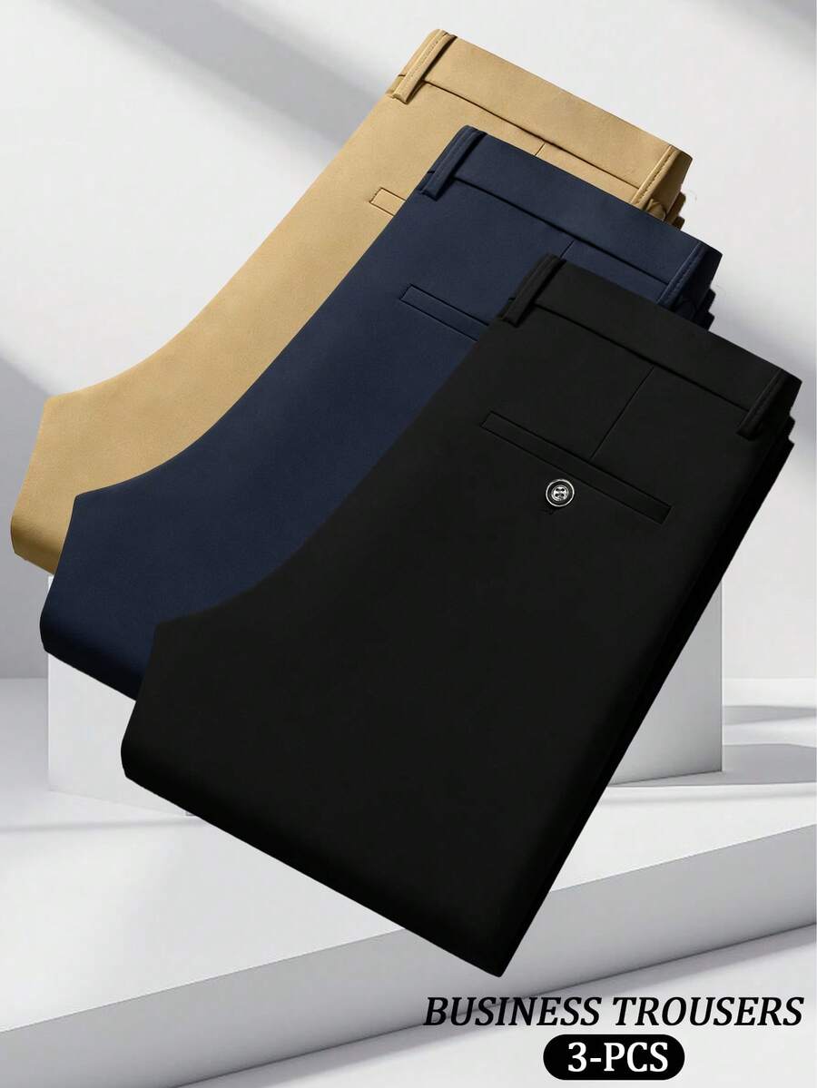 3pcs Men's Business Formal Suit Pants, Solid Color Stretch Trousers, Straight Leg Casual Pants For Spring, Summer, Autumn, Winter - Multicolor - View 1