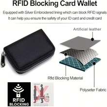 女士防盗钱包，20个卡位，大容量，优质仿皮拉链对折钱包，2个身份证窗口，NFC保护，带钥匙扣 - 多功能信用卡夹，适合旅行和日常使用 - 高貴黑色 - 查看 3