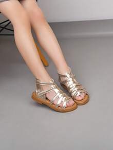 1 Pair Baby Woven Lace-Up Hollow Sandals, Gold PU Non-Slip Open Toe Flat Roman Style Cute Princess Shoes, Suitable For Summer Toddler - Champagne - View 1