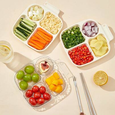 1Pc Multifunctional Plastic Food Tray With Handle, Cute Cartoon Pattern Reusable Food Serving Tray With Compartments, Hot Pot Barbecue Dipping Sauce Plate, Divided Dinner Plate Dish, Dishwasher , Suitable For Home, Kitchen, Restaurant, Outdoor Camping, Picnic Utensils