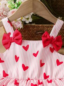 Toddler Girls' Summer Stylish Cute Dress, Bowknot Decor, Cartoon Heart Print, Pink & White Striped Sleeveless Off-Shoulder A-Line Dress - Multicolor - View 4
