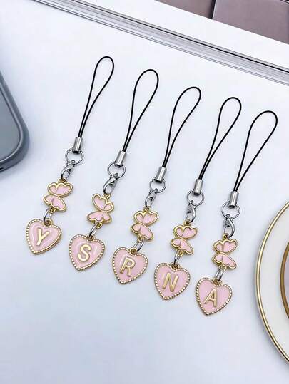 1pc Pink Heart Letter Phone Lanyard, Letter A-Z, Butterfly Pattern Phone Charm, DIY Jewelry Gift, Perfect For Friends, Girlfriends And Birthday Gifts
