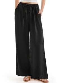 OMKAGI  Women's Linen Wide-Leg Pants With Pockets - Loose And Casual Long Pants For Home Wear Walking Around Vacation Beach Wear - màu đen - Xem 9