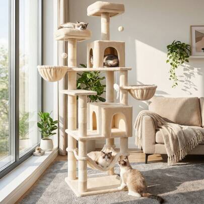 AMHANCIBLE Large Multi-Level Cat Tree, 70.87 Inches Tall With Sisal-Covered Scratching Posts, Condo, Hammock, Dangling Ball, And Extended Platform For Cats To Play And Sleep, Beige, Easter Gifts, Mothers Day Gift For Mom, Birthday Gifts For Man, Women, ETPT18BG