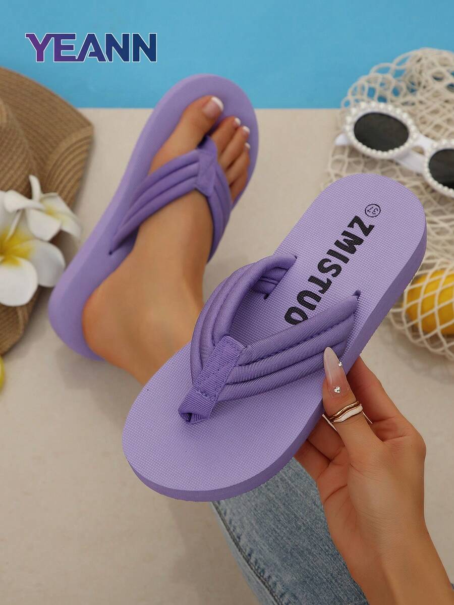 1 đôi dép xỏ ngón nữ mùa hè mới, màu trơn, thoải mái, tiện dụng, kiểu quai chéo, có size lớn, nhiều màu sắc để lựa chọn. - Màu tím hoa cà - Xem 1