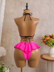Glückliches Mädchen Damen sexy fuchsiafarbenes 2-teiliges Badeanzug-Set, bohemischer Strandurlaub, Rock mit Rüschensaum, modisches Bikini-Set für den Sommer - Rosa - Übersicht 4