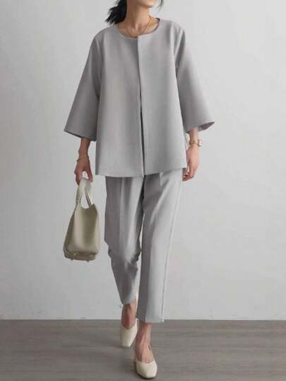 すーつ　レディース、レディースカジュアルスーツセット。通勤フォーマルウェア、保護者面談用のエレガントな装い、幼稚園の制服にも最適です。体型を美しく引き立て、ハリとシワになりにくく、着心地も快適で、どんな体型の方にもぴったりです。職場、日常生活、学校生活など、様々なシーンで活躍します。シンプルで洗練されたデザインが、エレガントさを醸し出します。2026年春夏秋の新作レディース服。