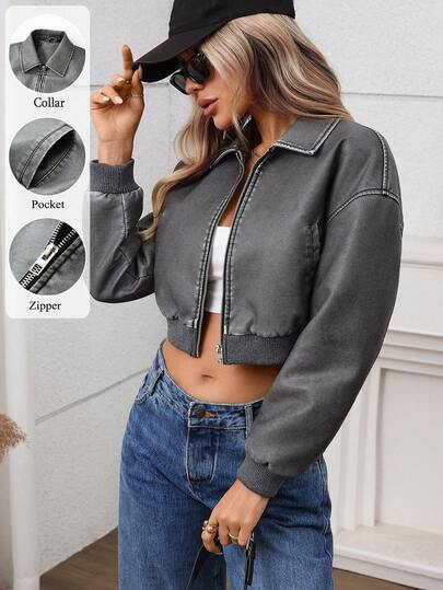 Women's Faux Leather Jackets Bomber Baseball Collar Zip Up Cropped Biker Coat