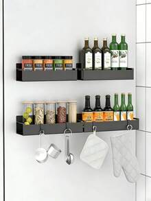 4 piezas Estante de almacenamiento magnético para refrigerador, Estante magnético para especias de alta resistencia con placa magnética completa en la parte posterior (antideslizante), Diseño de barandilla antideslizante, Revestimiento mate resistente a la oxidación y a los arañazos, Organizador de cocina que duplica el espacio lateral del refrigerador - Negro - Ver 7