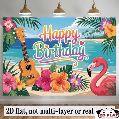 1 pieza Pancarta plana 2D Fondo de banner de fiesta de playa tropical hawaiana, decoración temática hawaiana vibrante, decoración de verano tropical hawaiana - Tela de poliéster duradera, adecuada para bodas, cumpleaños, Navidad, baby showers - No se requiere electricidad, decoración de fiesta | Decoración de escena de playa | Pancarta fácil de configurar, decoración de fiesta hawaiana