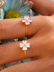 Frminee 2pcs/1pc Women's 18k Gold Plated Four-Leaf Clover Stainless Steel Ring, Cubic Zirconia Lucky Promise Ring, Elegant Jewelry Gift - Multicolor - View 4