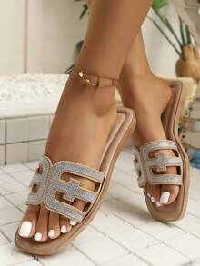 1双青少年奢华全镶钻平底拖鞋，百搭时尚夏季女童拖鞋 - 卡其色 - 查看 5