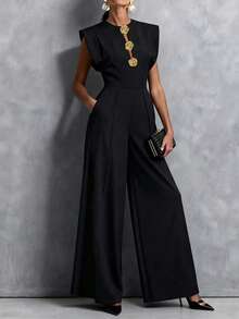 Women's Black Formal Elegant Classic Jumpsuit With Gold Floral Decoration And Pockets Summer - Black - View 5
