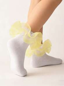 1 Pair Girls/Kids Ruched Hem Socks, Daily Wear Princess Baby Pleated Lace Trim Socks - Yellow - View 3