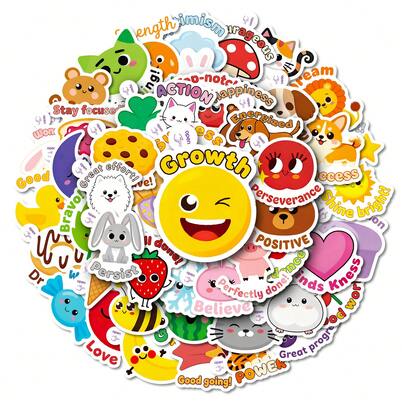 50张可爱卡通动物和励志语录贴纸，防水乙烯基材质，适用于水瓶、笔记本电脑、手机壳、日记本、剪贴簿、滑板和文具等。励志语录贴纸搭配可爱的动物图案，可用于个性化日常用品。适合成人、青少年和学生的装饰贴纸，也适用于办公室、学校剪贴簿等场合。趣味贴纸，Kindle适用。
