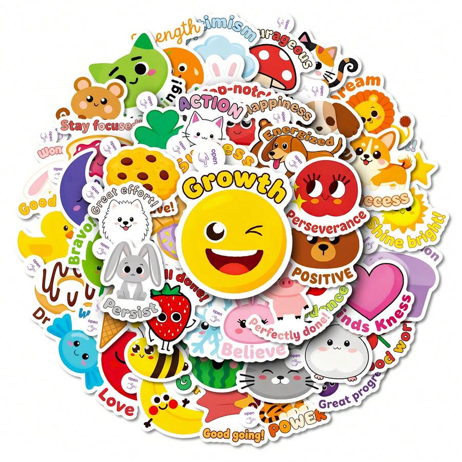 50 PCS Cute Cartoon Animal & Positive Phrase Stickers, Waterproof Vinyl Decals For Water Bottles, Laptops, Phone Cases, Journals, Scrapbooks, Skateboards, And Stationery, Motivational Quote Stickers With Adorable Animal Designs For Personalizing Daily Items, Decorative Stickers For Adults, Teens, And Students, Suitable For Office, School Scrapbook Supplies Funny Stickers Kindle - A - View 1