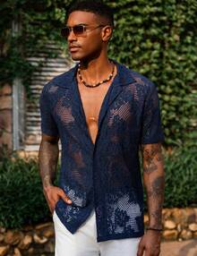 URRU Mens Floral Lace Shirt Short Sleeve Hollow Out Sheer See Through Casual Button Down Shirts - 藏蓝色 - 查看 3