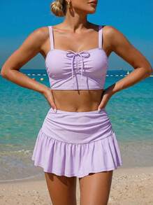 Sultry Sol 3件套/组 圣诞节、新年、情人节服装，显瘦纯色，性感，欧美时尚，波浪裙摆，荷叶边褶皱短裙，可拆卸泳垫，可调节肩带，可爱柔软休闲外出海边沙滩派对奢华比基尼套装 - 紫色 - 查看 1