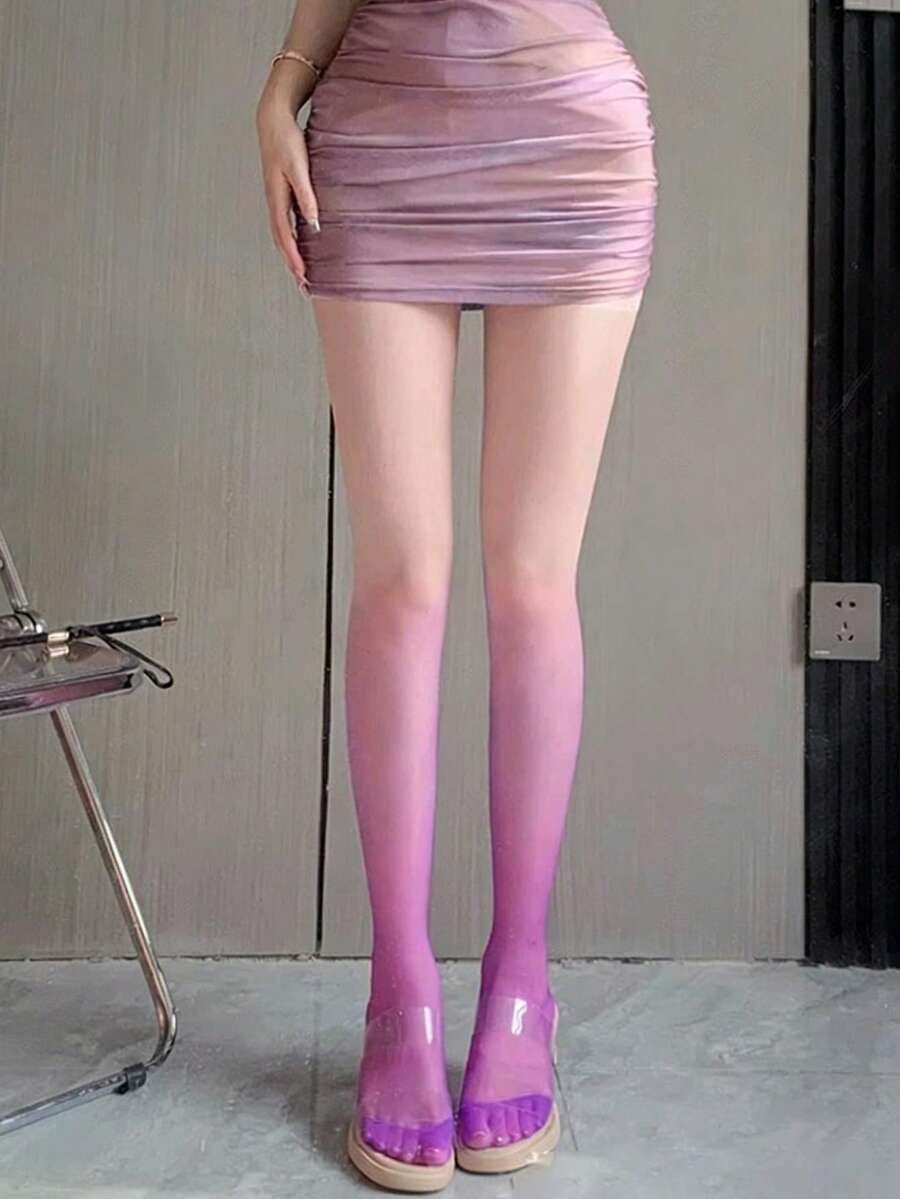 1PC,Gradient Purple Sheer Thigh High Stockings – Y2K Aesthetic, Clubwear, Festival Outfits – Sexy, Iridescent & Ultra-Stretchy - Mauve Purple - View 1