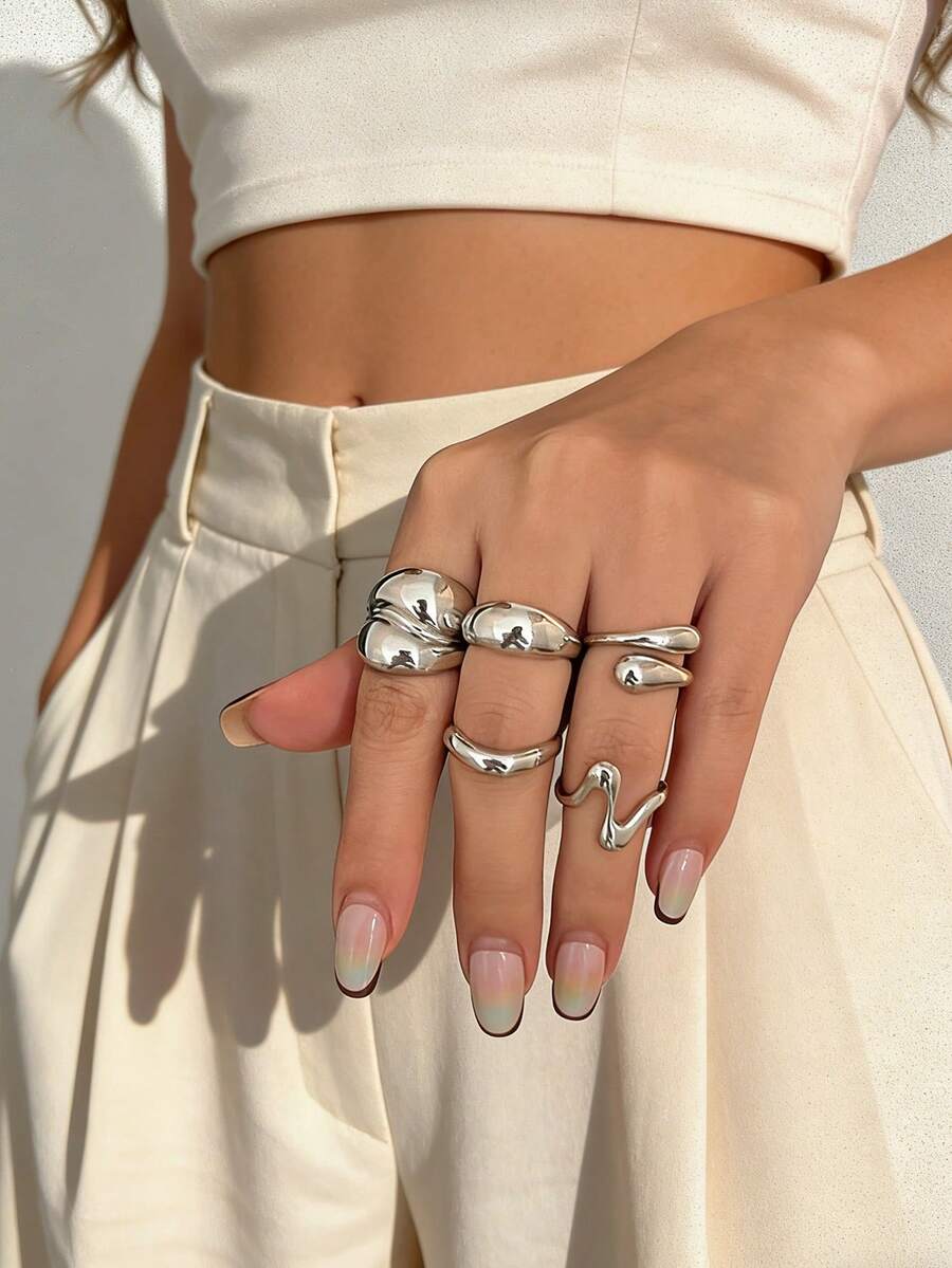 5 Pcs Gold Plated Chunky Open Ring Set For Women - Minimalist Irregular Wave Stackable Rings, Statement Jewelry Gift - Geometric 5 Pieces - View 1