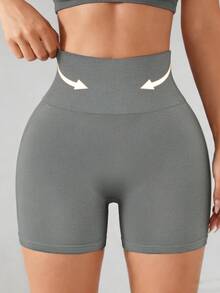 Pantalones cortos deportivos de mujer con control de abdomen, cintura alta, cintura moldeadora, malla transpirable y diseño sin costuras para yoga, fitness, running y ciclismo - Gris - Ver 2