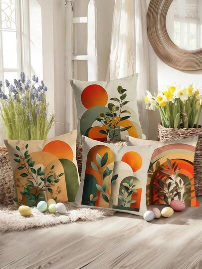 4 piezas de 100% fibra de poliéster con estampado plano 2D de arco degradado y patrón de plantas decorativas (funda de almohada no incluida). Estilo suave y reconfortante, fundas de almohada decorativas artísticas, adecuadas para la decoración de la sala de estar, el dormitorio y el sofá.