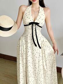 女士性感优雅吊带连衣裙，蝴蝶结波点喇叭裙摆设计，针织面料，适合派对穿着 - 白色 - 查看 6