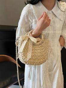 [US-Based Shipping]Leisure Handbag Crossbody Bag,Bohemian Lace Bow Straw Crossbody Bag For Women – Hollow Woven Rattan Handbag With Top Handle, Summer Beach Tote Purse, Vintage Lace Decor Shoulder Bag Perfect For Vacation, Beach Trips And Daily Outings, Boho Chic Mini Basket Bag,Summer,Women Bags For Vacation,Holiday, Straw Purse, Straw Beach Bag, Beach Necessities, Beach Essentials,Beach Stuff & Summer Essentials, Fashionable Vacation Bag For Summer - Màu be - Xem 2