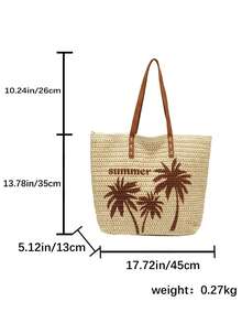 Summer Straw Tote Bag, Coconut Tree Pattern Women's Shoulder Handbag, Zipper Closure, Suitable For Beach & Holiday - Beige - View 13