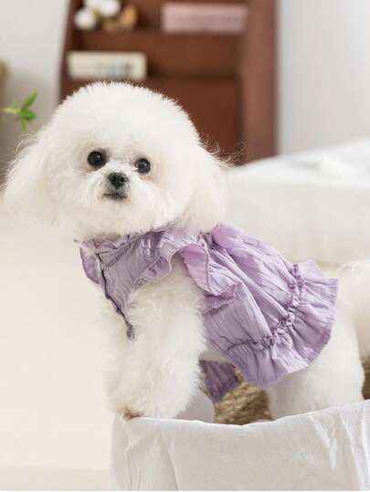 1pc Pet Dress, Purple Dress, Suitable For Spring & Dress, Tulip Pleated Leash Dress, Thin Fabric Outfit For Small/Medium Pets