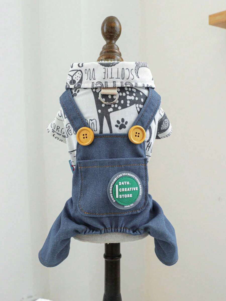 1pc Pet Clothes, Dog Suspender Pants For Small Dogs - Dog Graffiti Suspender Pants - Blue - View 1