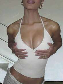 Minimalist Halter Top With V-Neck And Neck Tie - Summer - 白色的 - 查看 3