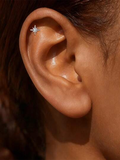 1 Pc Women Octagonal Star Pattern Flat Head Piercing 925 Sterling Silver Drop Earring 18K Gold Plated Perfect For Daily Wear ,Suitable And Birthday ﻿