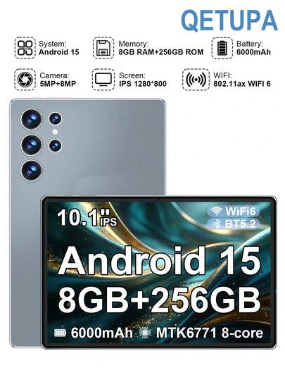 Qetupa 10.1英寸安卓15平板电脑，MTK6771八核2.0GHz处理器，8GB内存+256GB存储空间（支持1TB扩展），高清(1280x800) IPS触控屏，500万像素前置摄像头和800万像素后置摄像头，6000mAh电池，支持802.11ax Wi-Fi 6、蓝牙5.2、GPS，Type-C充电接口，不支持SIM卡 - 轻巧便携，经久耐用
